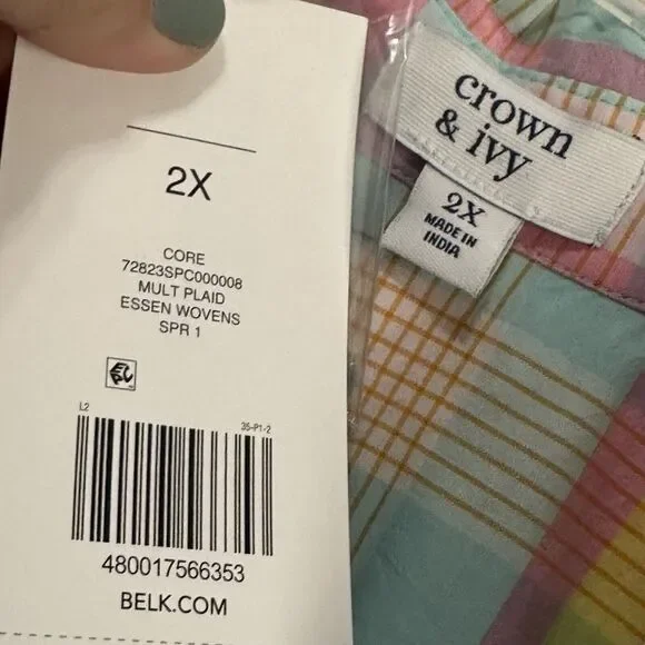 Crown & Ivy Top Blouse 2X Plus Roll Tab Sleeve Button Front‎ Easter Pastel NEW - Picture 6 of 10